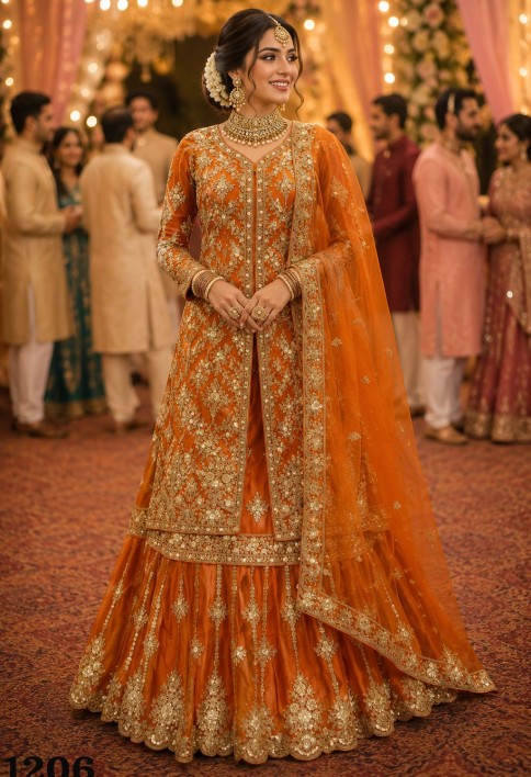 Remarkable Orange Net Readymade Lehenga Choli